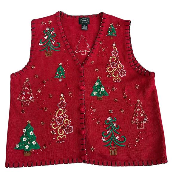 Vintage Christmas Embroidered Beaded Red Knit Vest L Grandma Old Money Preppy - Picture 1 of 7